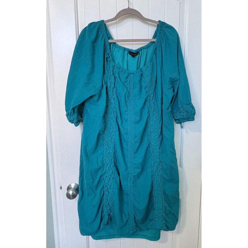 Lane Bryant Boho Tunic Dress Plus Size 26/28 Teal With Crochet Accents Lined - Picture 11 of 11